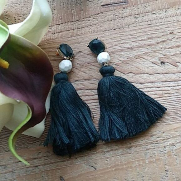 Blue White Rhinestone Tassel Fringe Vintage Gold Dangle Statement Earrings - Picture 5 of 8